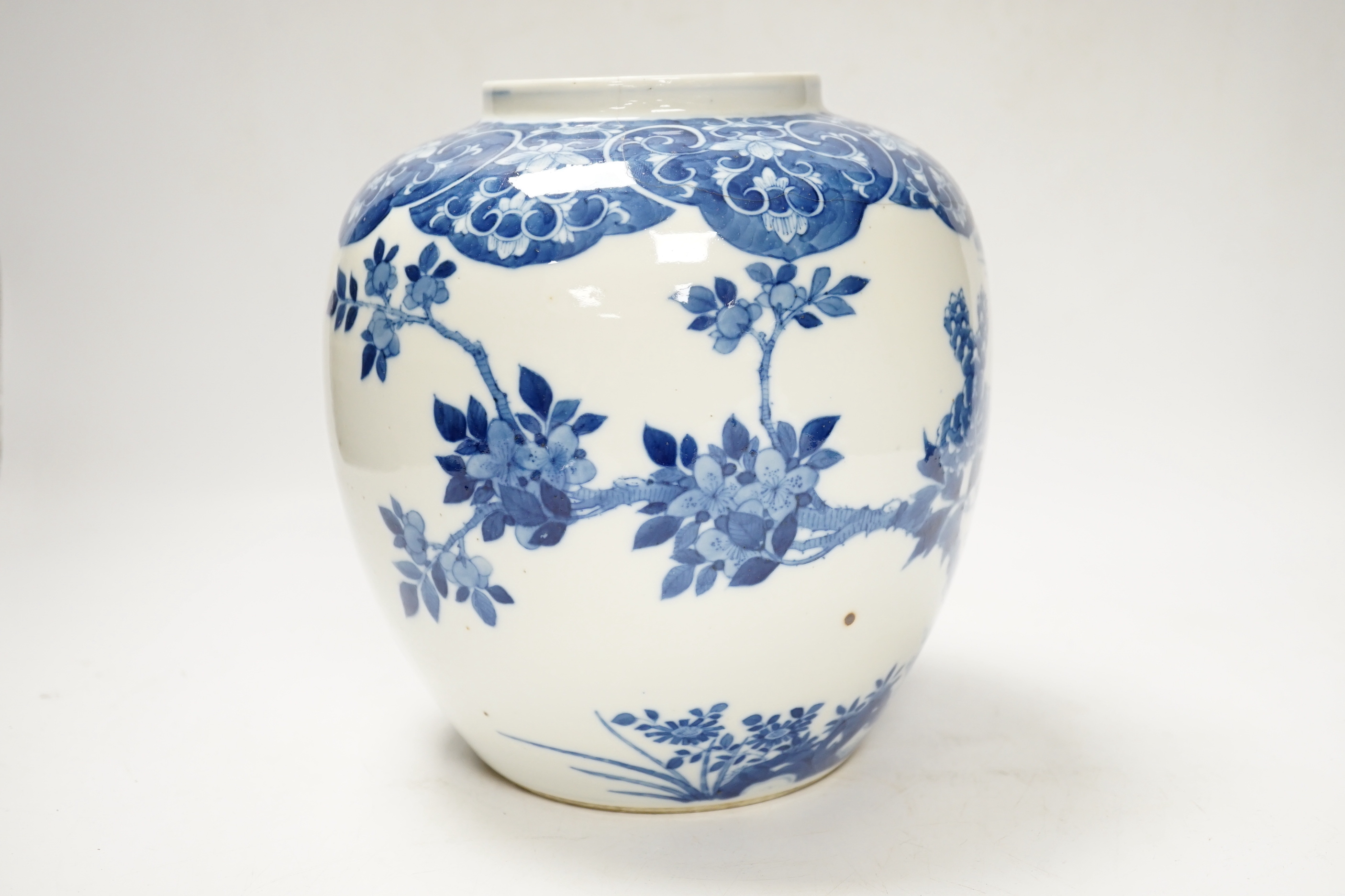 A late 19th Chinese blue and white ginger jar, bearing Kangxi marks, c.1880